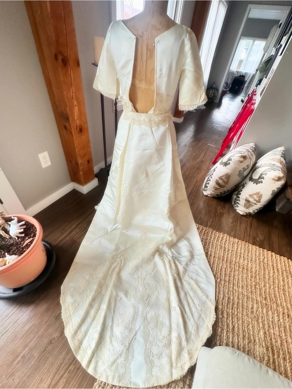 Ivory Lace-Detail Satin Bridal Gown with Open Back